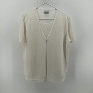 Alice Stuart Ivory Shimmer Pointelle Knit Cardigan Set L Vintage USA Grandmacore